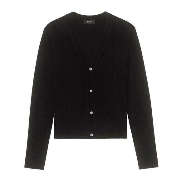 THEORY Black Velvet Rib Knit V-Neck Cardigan Sweater Top Net-A-Porter S $295 - Picture 3 of 12